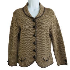 Vintage Merino Chevron Knit Sweater Blazer Brown Beige Knit Buttons Suede Patch